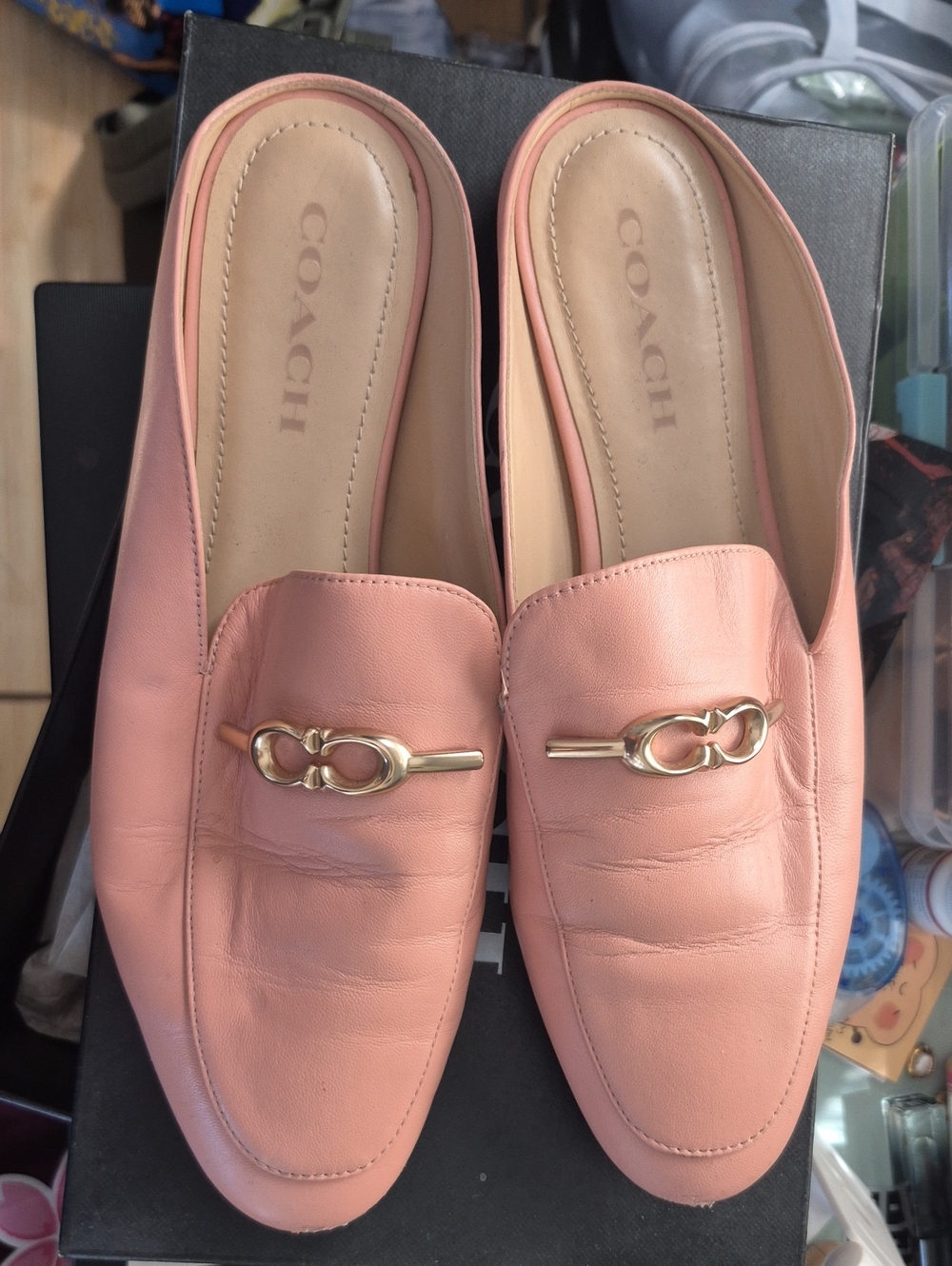 Coach Coral Pink Leather Mule Loafers with Gold Hardware